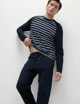 Полосатый пижамный комплект из чистого хлопка Marks & Spencer, темно-синий