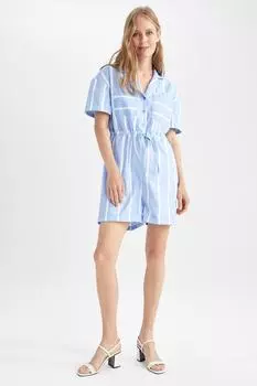 Полосатый поплиновый комбинезон с рубашечным воротником и короткими рукавами из 100 % хлопка DeFacto, синий