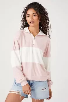 Полосатый пуловер с молнией до половины Forever 21, розовый