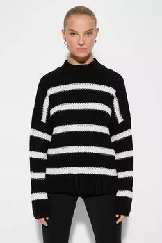 Полосатый пуловер с заниженными рукавами Koton, черный