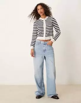 Полосатый пушистый кардиган с золотыми пуговицами белого цвета Mango