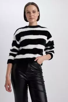 Полосатый пушистый свитер Defacto, черный