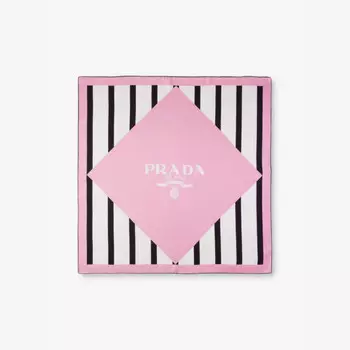 Полосатый шарф из шелковой саржи с фирменным принтом Prada, розовый