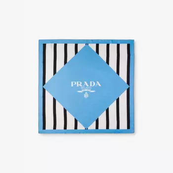Полосатый шарф из шелковой саржи с фирменным принтом Prada, голубой
