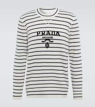 Полосатый шерстяной свитер с кашемиром Logo Prada, Bianco + Blu
