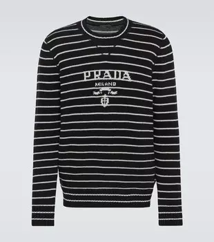 Полосатый шерстяной свитер с кашемиром Logo Prada, Nero + Bianco