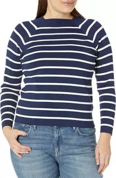 Полосатый свитер больших размеров с воротником-стойкой LAUREN Ralph Lauren, цвет French Navy/Mascarpone Cream