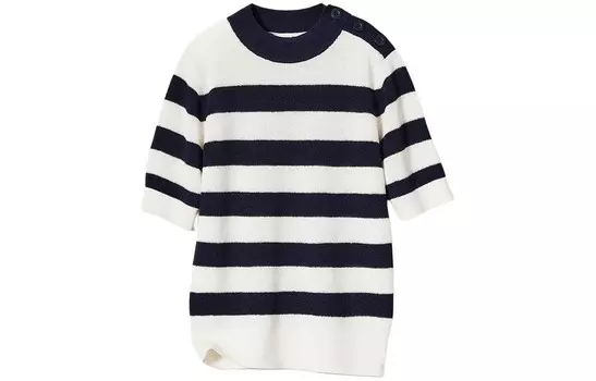 Полосатый свитер из льняной смеси с короткими рукавами UNIQLO, темно-синий