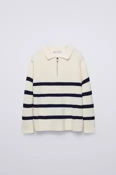 Полосатый свитер с молнией ZARA, устрично-белый