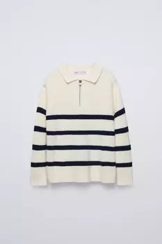 Полосатый свитер с молнией ZARA, устрично-белый