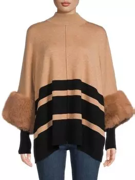 Полосатый свитер с отделкой из искусственного меха Saks Fifth Avenue Camel