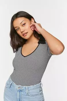 Полосатый свитер с V-образным вырезом и трикотажное боди Forever 21, черный
