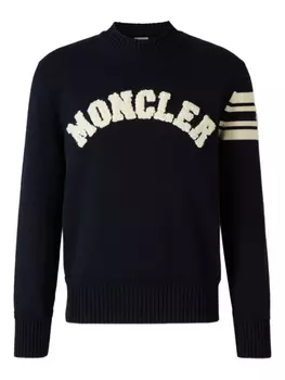 Полосатый свитер с вышитым логотипом Moncler на рукавах, синий