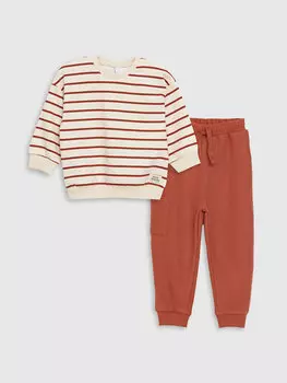 Полосатый свитшот для маленьких мальчиков и спортивный костюм с круглым вырезом и длинными рукавами, комплект из 2 предметов LCW baby