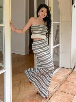 Полосатый топ без бретелек Kpop, подол с бахромой и юбка «рыбий хвост» Dazy, черно-белый