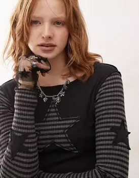 Полосатый топ London с длинными рукавами и нашивками в виде звезд в черном и сером цвете Minga