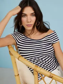 Полосатый топ с открытыми плечами Baukjen Jeanette, Белый/Темно-синий