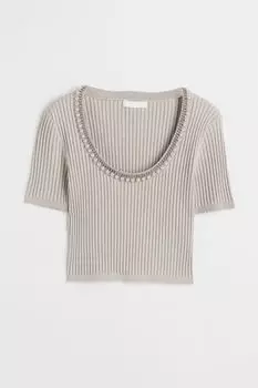 Полосатый топ со стразами H&M, светло-серый бежевый