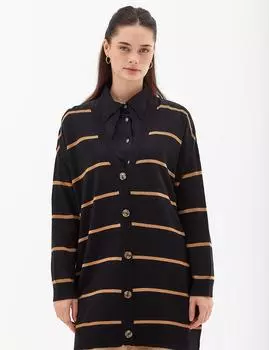 Полосатый трикотаж Кардиган Черный Бежевый Kayra