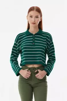 Полосатый трикотажный свитер с воротником-поло Fullamoda, зеленый