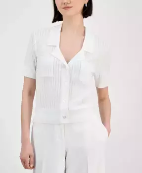 Полосатый трикотажный топ на пуговицах, Regular & Petite Tahari ASL, белый