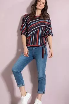 Полосатый трикотажный топ с завязками на подоле Klass., синий