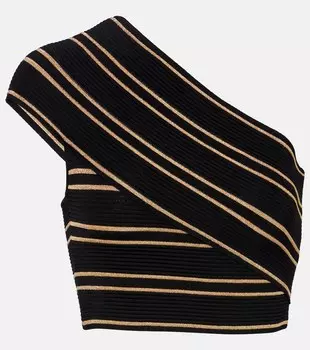 Полосатый укороченный топ с одним плечом Balmain, Noir/Or