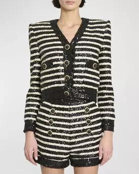 Полосатый укороченный жакет с пайетками и пуговицами Balmain, цвет Blk White