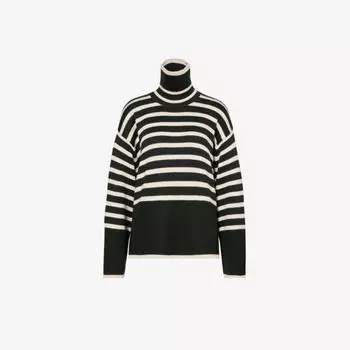 Полосатый вязаный джемпер из смеси шерсти и органического хлопка с высоким воротником Toteme, зеленый