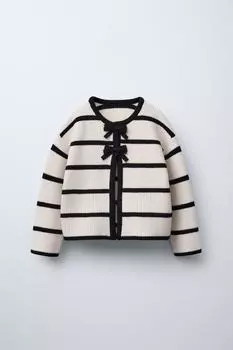 Полосатый вязаный кардиган с бантиками ZARA, экрю/черный