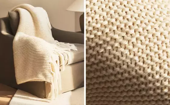 Полосатый вязаный плед Zara Home, экрю