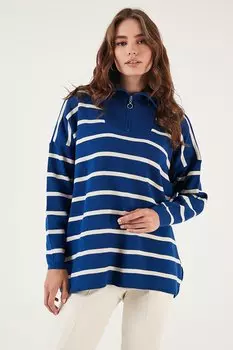 Полосатый вязаный свитер оверсайз с застежкой-молнией до половины 4616080 Lela, саксофон