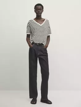 Полосатый вязаный свитер с короткими рукавами Massimo Dutti, синий
