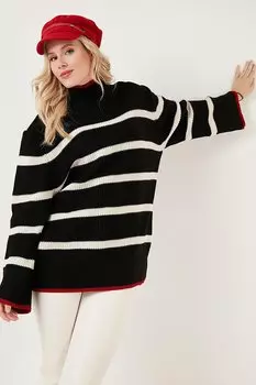 Полосатый вязаный свитер с высоким воротником и широкими рукавами 4615144 Lela, темно-кремовый