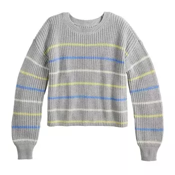 Полосатый вязаный свитер SO с круглым вырезом для девочек 6–20 лет стандартного и большого размера, цвет Gray Stripe