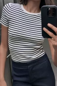 Полосатый вязаный топ с коротким рукавом ZARA, цвет Navy/White