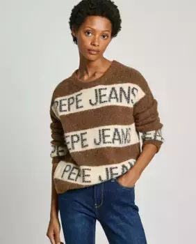 Полосатый женский свитер с логотипом интарсии Pepe Jeans, коричневый