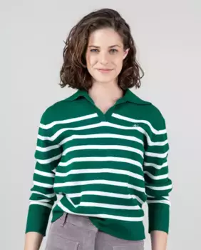 Полосатый женский свитер с воротником-поло El Ganso, зеленый