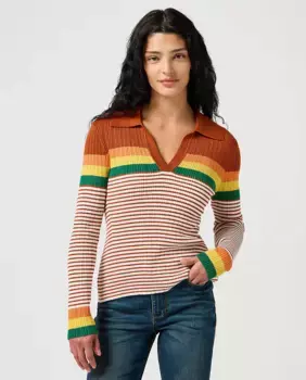 Полосатый женский свитер с воротником-поло Wrangler, коричневый