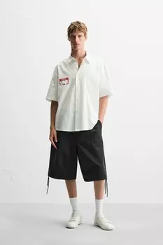 Полоская рубашка с принтной наклейкой ZARA, белый