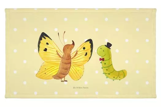 Полотенце для гостей Mr. & Mrs. Panda Caterpillar Butterfly - желтая пастель - подарок, хорошее настроение, животные, кокон, забавные высказывания, гостевое полотенце, спортивное полотенце, дорожное полотенце, шляпа, белый