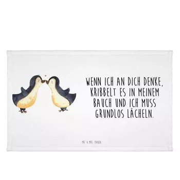 Полотенце для гостей Mr. & Mrs. Panda Penguins Kiss — белое — подарок, подарок девушке, на День святого Валентина, жене, махровая ткань, юбилей, любовь, спортивное полотенце, подарок, белый
