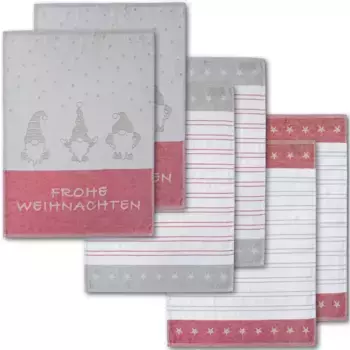 Полотенце кухонное Dyckhoff "Гномик, с надписью Merry Christmas, полосками и звездочками", (набор, 6 шт.), с 3 разными мотивами, размеры каждого полотна ок. 50х70 см, 100% хлопок, красный/серый/белый