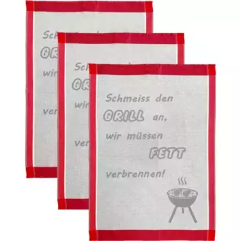Полотенце кухонное ROSS "Включай гриль, нам надо сжигать жир", (набор, 3 шт.), говорящее полотенце, 100% хлопок, серый/красный