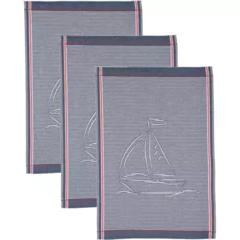 Полотенце РОСС "Морское - полосатый фон с парусниками", (набор, 3 шт.), полотенце с мотивом, 100% хлопок Ross, синий/серый/красный