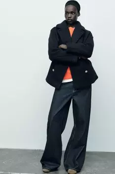 Полудиненное пальто из букле ZARA, темно-синий