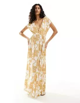 Полудлинное чайное платье из мятой коричневой ткани ASOS с короткими рукавами и цветочным принтом ASOS
