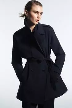 Полудлинный тренч с поясом ZARA, темно-синий