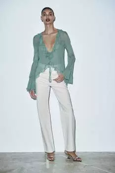 Полупрозрачная блузка с отделкой с оборками ZARA, бирюзовый