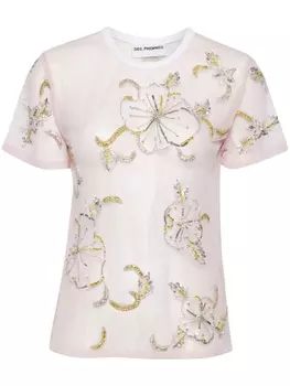 Полупрозрачная футболка DES PHEMMES с вышивкой гибискусом, розовый